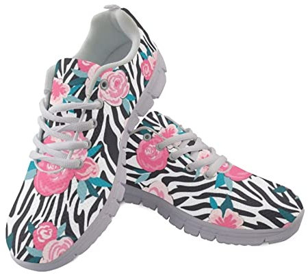 Jeiento Damen-Turnschuhe, Sport-Laufschuhe, lässig, Reisen, Walking, flache Schuhe, Schnürung, atmungsaktiv, für Damen, Teenager, Mädchen, Zebra Floral, 9