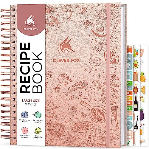 Clever Fox Livre de recettes à spirale – Créez votre propre livre de cuisine familial – Carnet de recettes vierge – Journal de cuisine vide pour écrire des recettes – Grande taille, 23,6 x 28,4 cm,