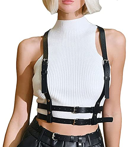 Damen Punk Taillengürtel PU Leder Harness Gürtel Schwarz Gothic Weste Gürtel Verstellbare Körperkette für Frauen Mädchen Cosplay Party Rave Outfit Halloween Kostüm