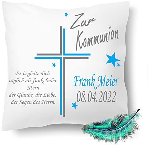 Print Deluxe Kommunion Geschenk, Personalisierbares Kissen bedrucktes für Jungen und Mädchen, mit Namen, Datum, eigenem Spruch,| Dekokissen,| Kuschelkissen 40X40 (mit Kissenfüllung, Blau)