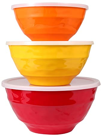LOK-OSEMILE Mixing bowl set with lids, 6 piece melamine nesting bowl set for pasta baking salad mixing, set of 3, three colours,