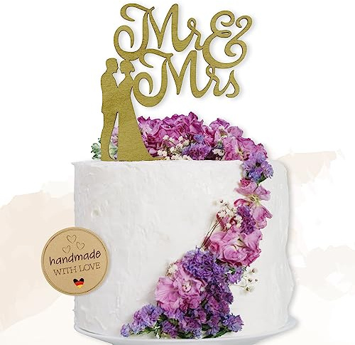 Birdart Box® Tortenstecker für deine Hochzeit – hochwertiger Tortenstecker aus Holz, moderner Cake Topper mit Brautpaar Mr & Mrs (Gold)