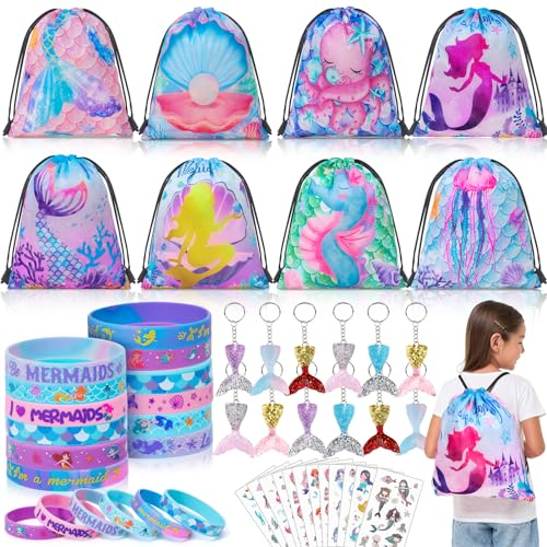 Tacobear Meerjungfrau Mitgebsel Kindergeburtstag Give Aways Gastgeschenke mit Kordelzug Geschenktüten Kindergeburtstag Tattoo Silikon Armband Schlüsselanhänger Meerjungfrau Mitbringsel Mädchen Kinder