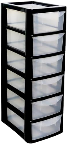 Khanary Plastic Storage Drawers Unit 6 Tier Small mini Tower Homes, Kitchen, Schools, Offices Plastic Drawer Organizer Desktop Table Top Drawers Stationary 26Dx19Wx60H Black Clear