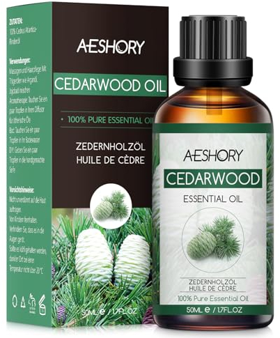 AESHORY Huile Essentielle de Cèdre 50ml, 100% Pure et Naturelle pour Diffuseur, Aromathérapie, Massage, Bain, Soins de la Peau et des Cheveux