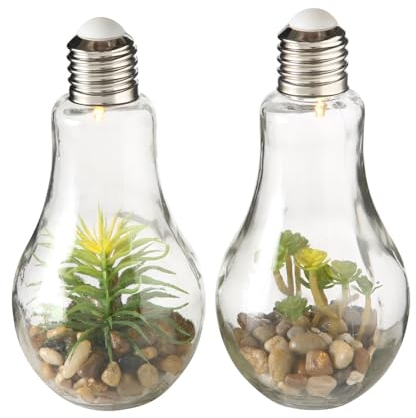 mucHome 2er Set LED Retro Glühbirne 23cm mit Pflanze und Kies dickes Glas Deko schaltbar zum stellen