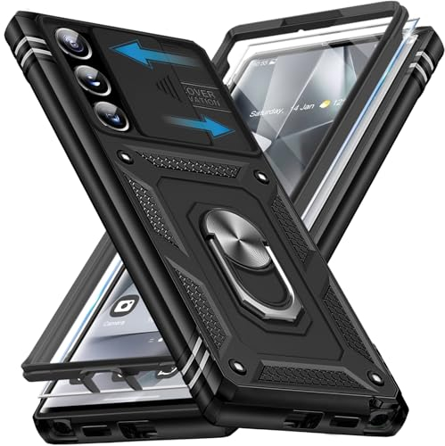 Giyer für Samsung Galaxy S24 Ultra Hülle mit Schutzfolie, Handyhülle S24 Ultra 5G mit Kameraschutz 360° Metall Ring Ständer Stoßfest Bumper Schutzhülle Samsung S24 Ultra 6.8 Case Cover (Schwarz)