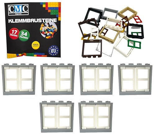 CMC imports Klemmbausteine 6 Fenster + Fensterrahmen 1x4x3 Noppen City Gebäude Stadt 60594 (Hellgrau - Weiß)