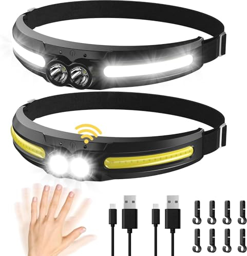 MoKo Stirnlampe LED Wiederaufladbar, 2500 mAh & Superheller 750 Lumen Stirnlampe Led, 2 Stück 300° Breit Kopflampe mit Gestensensor, 7 Lichtmodi Wasserdicht Stirnlampen für Outdoor Camping Angeln