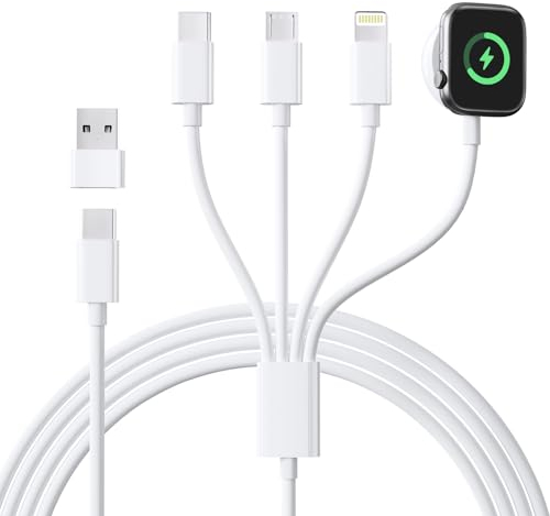Cargador Apple Watch, 4 en 2 Cable de Carga iPhone y Apple Watch Cargador iWatch Apple con Lightning/USB C/iWatch/Micro para Apple Watch Serie 9/8/7/6/5/4/3/SE/Ultra,iPhone 15/14/13,Samsung Galaxy