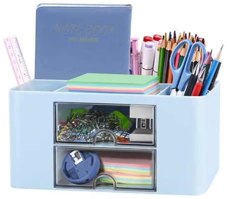 SYJINHUASY Multifunktionaler Schreibtisch Organizer, Kompakter Büroorganizer mit 5 Fächern & 2 Schubladen,Plastik Tisch Organizer für Büro Zuhause Schule (Blue-A)