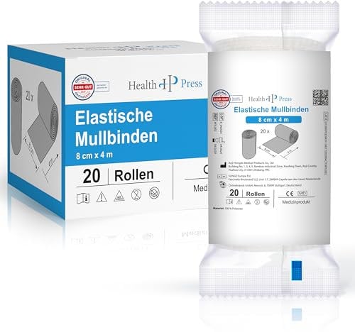 Health Press Bande de gaze -Bandage (8cm x 4m) 20 rouleaux -Bande élastique -Dispositif médical -Bande de fixation testée dermatologiquement -Bandage Idéal pour les premiers soins & le soin des plaies