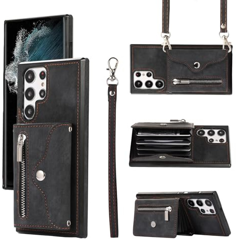 Asuwish Handyhülle für Samsung Galaxy S23 Ultra 5G Hülle mit Band Kartenfach Klappbar Geldbörse Ständer Handyhüllen Cover S23Ultra 23S S 23 23Ultra Handy Hüllen Schutzhülle Damen Phone Case Schwarz