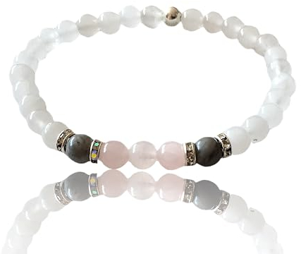 Steinfixx® - Fühl dich wohl Perlenarmband mit weißer Jade, Rosenquarz und Picasso-Jaspis mit Silberelementen HANDMADE