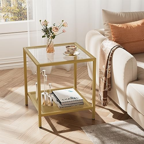 SAYGOER Mesa auxiliar de cristal dorado con almacenamiento cuadrado de noche, marcos de metal, mesa de noche de 2 niveles, para sala de estar, dormitorio, fácil montaje, color dorado, 1 unidad