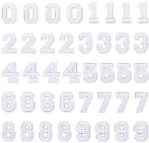 40 Pcs Iron on Numbers White 0-9 Fabric Patches Embroidered Iron on Numbers for Clothes Hats Bags Backpack Pants Jeans Jackets DIY Accessories