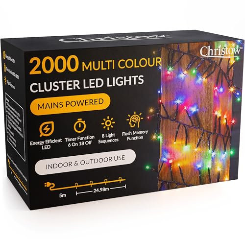 Christow 2000 LED Cluster Christmas Tree Lights, Multi-Coloured Fairy Lights with Timer, 8 Light Modes, Energy Efficient 3mm Micro LEDs, Indoor & Outdoor, Mains Powered, Green Cable, 24.97m Lit Length