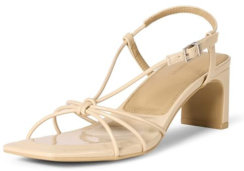 Amazon Essentials Sandali con Tacco Largo e Cinturino Donna, Beige Vernice, 38 EU
