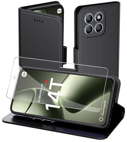 Aiziki Coque pour Xiaomi 14T, Flip Case+1 Verre trempé， Etui Protection Housse Premium en Cuir PU, [Pochette de Portefeuille] [Fermeture Magnétique] [Etui à Rabat]- Noir