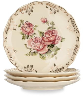 YOLIFE Juego de 4 platillos de té de rosa vintage marfil de 5.8 pulgadas con ribete de hojas doradas, hermosos platos de té de porcelana floral para tazas, ideales para fiestas de té