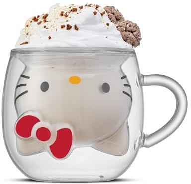 JoyJolt Hello Kitty 3D-Kaffeetasse, doppelwandige Glastasse mit 3D-Design, isolierte süße Tasse für Tee, Latte oder Eiskaffee, Kawaii Sanrio Tasse, Hello Kitty Kitchen Stuff