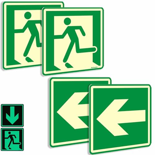 4 Piezas de cartel salida de emergencia con flecha, Cartel salida de emergencia homologado, (Exit Sign), Cm 15 x 15 paquete de 8 señales de salida, Salida de emergencia luminoso