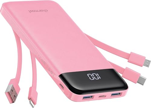 Charmast Power Bank with Built in Cables X 4, 10000mAh USB C Battery pack 6 Outputs 3 Inputs with LED Display Type C Powerbank Portable Charger Compatible with Smartphones Tablets and More