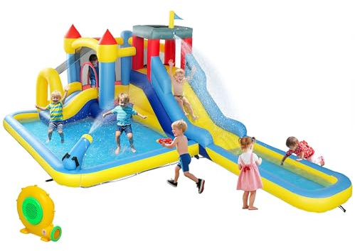 AIYAPLAY Castillo Inflable con Soplador 6 en 1 Parque Acuático Estructura Inflable, Toboganes, Trampolín, Pared de escalada, Cañón, Cesta de Basket, Exterior e Interior, Hasta 4 Niños 3-8 Años