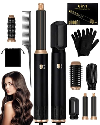 6 in 1 Airbrush Hair Styler and Hot Air Dryer Brush Set Womens Hairdryers Air Styler with Rotating Brush, Curling Irons, Straightener Professional Hair Dryer Brushes for All Hair Types