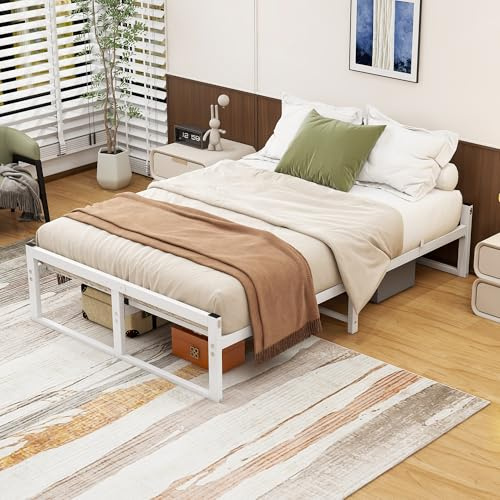 VECOCHO Bett140x190 mit lattenrost,Metallbett140x190-32cm Höhe Stauraumbett,Bettgestell140x190 cm Plattformbett aus Metall,Gästebett,Doppelbett KeinBoxspringbett Erforderlich,Weiß