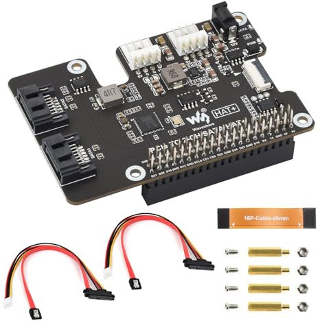 Waveshare PCIe to 2-Ch SATA Adapter for Raspberry Pi 5, Supports SATA Hard Drive Protocol, Onboard Dual LED Indicators and EEPROM, Hat + Standard, Driver-Free, Plug and Play