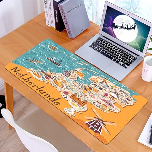 KDWJS Gaming Mauspad XXL 90x40cm Mousepad Groß Vernähte Kanten Anti-Rutsch für PC,Die skurrile Karte der Niederlande stammt aus einem farbenfrohen Gemä,Laptop Verbessert Präzision und Geschwindigkeit