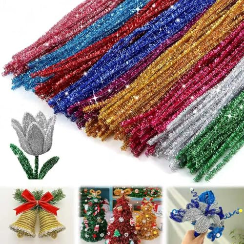 Niuny Pfeifenreiniger Glitzer 200Stk Pfeifenreiniger zum basteln 6mm x 30 cm Chenilledraht Bunt mit 9 Farben Pfeifenputzer zum Basteln Glitzer Pipe Cleaners for Crafting für DIY und Dekorationen