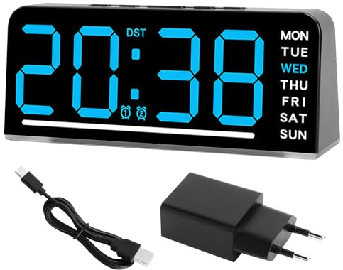 TNSLAND Wecker Digital mit Großen Zahlen, Dual Alarm & Dimmbarer Digitalwecker mit Nachtlicht, Temperaturanzeige, Datum & Wochentag, USB-C Kabel & EU Stecker, Modern für Schlafzimmer & Tiefschläfer