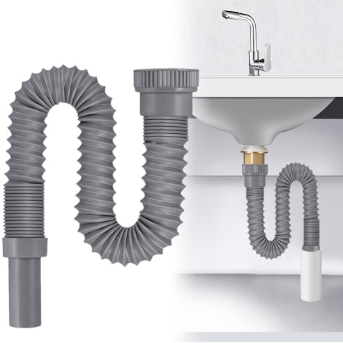 Flexibler Ablaufschlauch G1 ½ mit Verstärkter Stahldraht,Ausziehbar 350-760mm Siphon/Geruchsverschluss für Küche & Bad,Waschbecken (Grau)