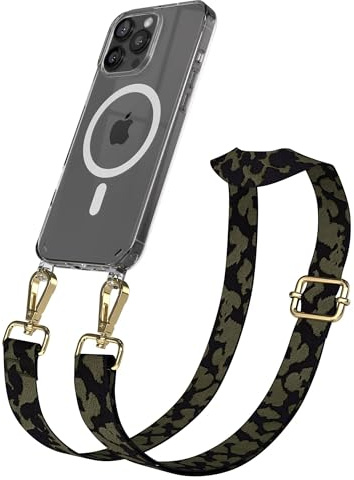 EAZY CASE Handykette - Verstellbares Taschenband kompatibel mit iPhone 16 Pro Max, Schulterriemen, Handykordel mit Silikon Hülle, Qi Charging kompatibel, Umhängetasche, Dunkelgrün Camouflage Gold