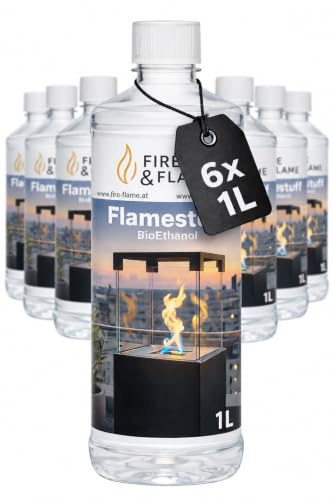 Bioethanol Flamestuff 96,6% Ultra Premium – 6 x 1 L Kamin Brennstoff - BioEthanol – Rauchfrei & Geruchsarm – Für Ethanol Kamin, Wandkamin & Tischkamin – Indoor & Outdoor Feuerstellen (6 Liter)