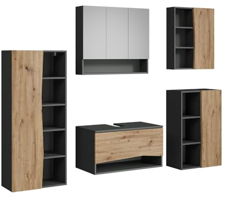 Vicco Badmöbel-Set Willow, Artisan, 80 cm, besteht aus Waschbeckenunterschrank, Spiegelschrank, Hochschrank, Midischrank und Hängeschrank