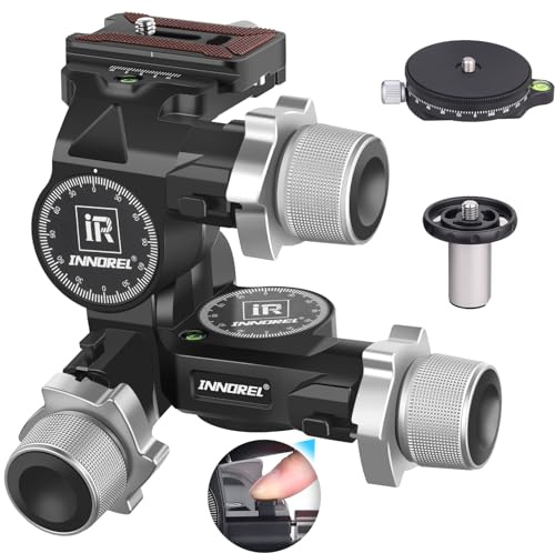 INNOREL GR7 CNC Aluminum Alloy High Precision 3 Way Geared Tripod Head with Millimeter Micro-Adjustment 360 Panoramic Load Capacity 13.2lbs/6kg for Photography Camera Shooting