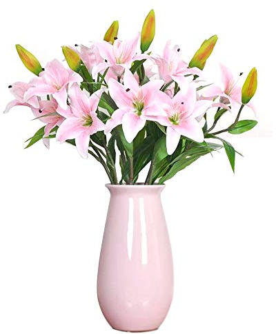 GKONGU Fiori Artificiali Giglio, 4 Pezzi Realista Giglio Mazzi di fiori dall' Aspetto Naturale con 3 Gemme di fiori,Ideale per la casa, il giardino, la decorazione di nozze-Rosa