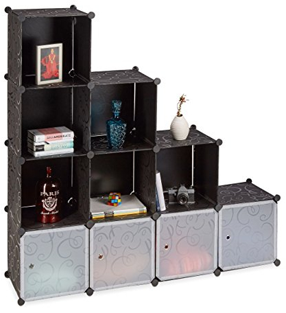 Relaxdays Stufenregal schwarz, Treppenregal Kunststoff, Regalsystem Steckregal, Standregal groß, 10 Fächer, DIY, black