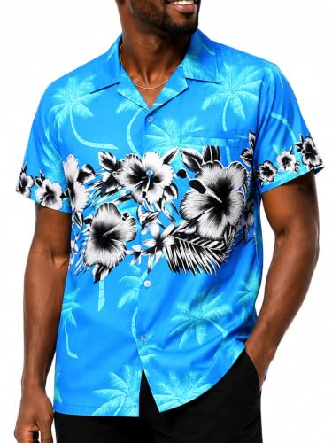 King Kameha Funky Hawaii-Hemd, Herren, Kurzarm, Flower-Chest, Türkis, XL