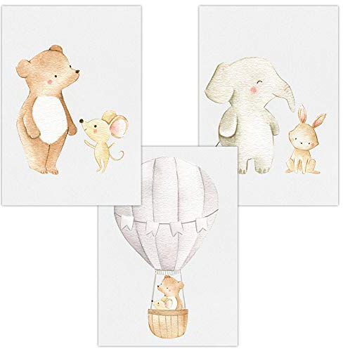 Olgs Babyzimmer Bilder 3er Set | Kinderzimmer Deko Poster DIN A4 | Wandbilder Premium | Tiere Wandposter Mädchen, Junge | Freunde & Heißluftballon, Bär, Maus, Elefant, Hase