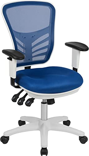 Flash Furniture Mid-Back Blue Mesh Multifunction Executive Swivel Ergonomic Office Chair with Adjustable Arms and White Frame