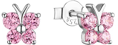 Amor Ohrstecker 925 Sterling Silber Mädchen Kinder Ohrschmuck, mit Zirkonia synth, 0,7 cm, Rosa, Schmetterling, Kommt in Schmuck Geschenk Box, 9210015