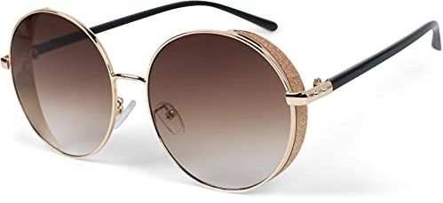 styleBREAKER Damen Runde Sonnenbrille mit getönten Polycarbonat Gläsern und Glitzer Side Shield, Metall Rahmen 09020120, Farbe:Gestell Gold/Glas Braun Verlauf