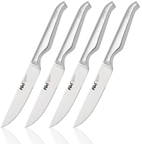 Furi Pro Serrated Steak Knives 4 pc Set, Four Premium Knives for a Superior Cutting Performance, Serrated Stainless Steel Blades and Ergonomic Reverse-Wedge, Anti-Fatigue Handle for a Safe Grip