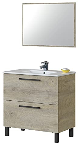 Meuble de salle de bain avec 2 tiroirs et miroir, Unité de lavabo, Modèle Athena, Finition en Chêne Alaska, Mesures : 80 cm (L) x 80 cm (H) x 45 cm (P)