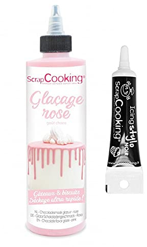 Glassa al gusto di cioccolato 130 g rosa + penna per glassa nera