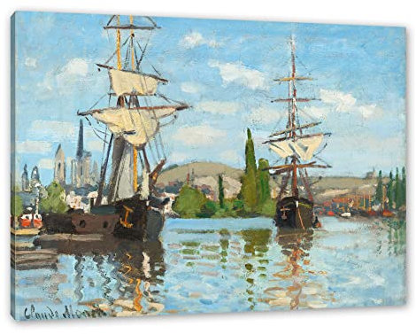 Pixxprint Claude Monet - Schiffe auf der Seine bei Rouen, Größe: 80x60cm, Leinwandbild, fertig gespannt, Wandbild, Dekoration, Kunstdruck, kein Poster